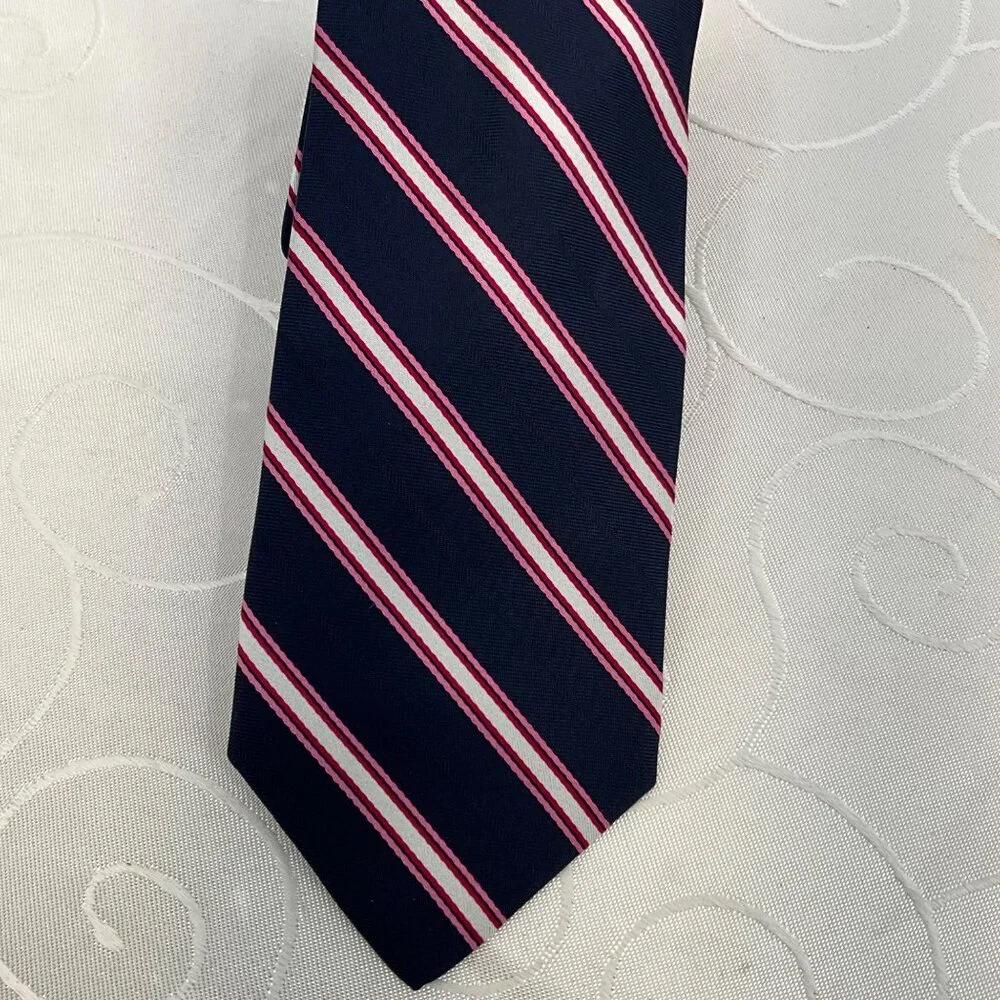 Tom James Men's Long Navy, Pink, White & Red‎ Striped Silk Tie